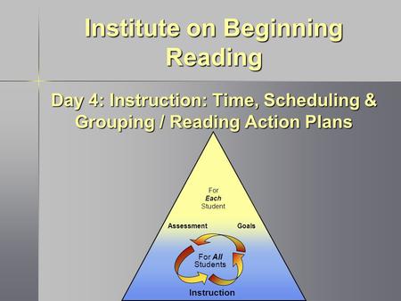 Instruction GoalsAssessment For Each Student For All Students Institute on Beginning Reading Day 4: Instruction: Time, Scheduling & Grouping / Reading.