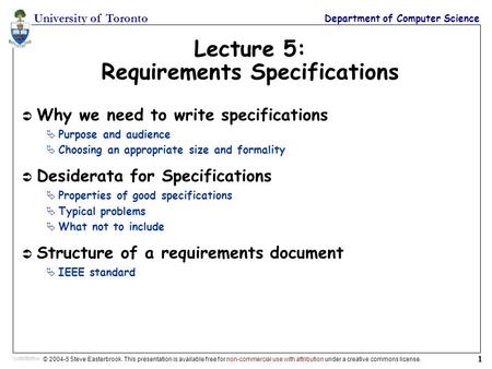 Lecture 5: Requirements Specifications
