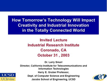 How Tomorrow’s Technology Will Impact Creativity and Industrial Innovation in the Totally Connected World Invited Lecture Industrial Research Institute.