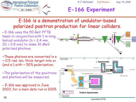 K.T. McDonald DoE Review Aug. 10, 2006 19 E-166 Experiment E-166 is a demonstration of undulator-based polarized positron production for linear colliders.