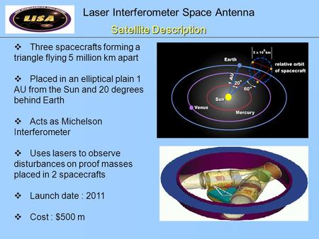 Laser Interferometer Space Antenna Satellite Description  Three spacecrafts forming a triangle flying 5 million km apart  Placed in an elliptical plain.