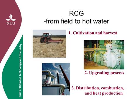 Unit of Biomass Technology and Chemistry RCG -from field to hot water 1. Cultivation and harvest 2. Upgrading process 3. Distribution, combustion, and.