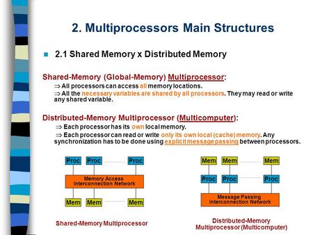 2. Multiprocessors Main Structures 2.1 Shared Memory x Distributed Memory Shared-Memory (Global-Memory) Multiprocessor:  All processors can access all.