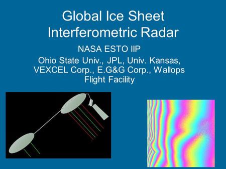 Global Ice Sheet Interferometric Radar NASA ESTO IIP Ohio State Univ., JPL, Univ. Kansas, VEXCEL Corp., E.G&G Corp., Wallops Flight Facility.