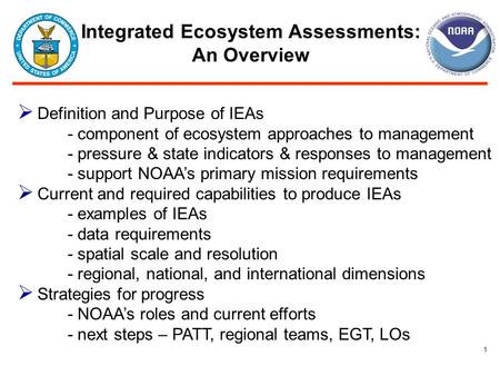 1  Definition and Purpose of IEAs - component of ecosystem approaches to management - pressure & state indicators & responses to management - support.