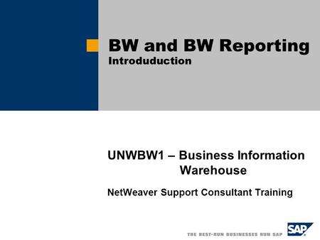 UNWBW1 – Business Information Warehouse NetWeaver Support Consultant Training BW and BW Reporting Introduduction.