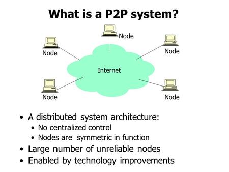What is a P2P system? A distributed system architecture: No centralized control Nodes are symmetric in function Large number of unreliable nodes Enabled.
