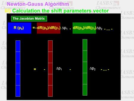 Newton-Gauss Algorithm iii) Calculation the shift parameters vector R (p 0 )dR(p 0 )/dR(p 1 )dR(p 0 )/dR(p 2 )=- - p1p1 p2p2 - … - The Jacobian Matrix.