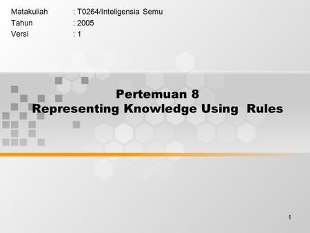 1 Pertemuan 8 Representing Knowledge Using Rules Matakuliah: T0264/Inteligensia Semu Tahun: 2005 Versi: 1.