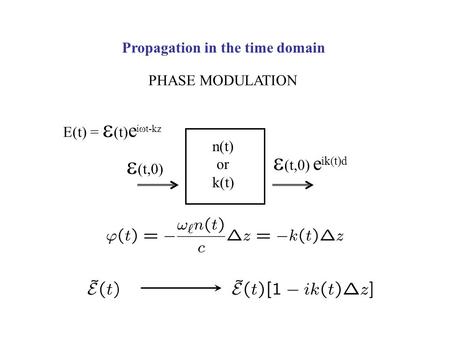 Propagation in the time domain PHASE MODULATION n(t) or k(t) E(t) =  (t) e i  t-kz  (t,0) e ik(t)d  (t,0)