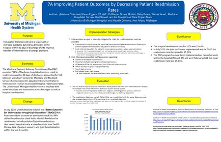 7A Improving Patient Outcomes by Decreasing Patient Readmission Rates Authors: (Marlena Didonoato) Karen Eggers, 7A staff, Dr Rhode, Donna Mcclish, Deby.