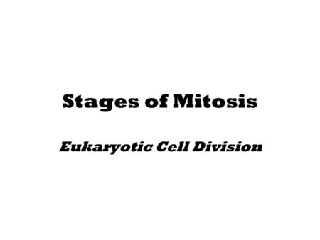 Stages of Mitosis Eukaryotic Cell Division. Cell Division Facts All living organisms start out from a single cell The average Human has about 10 trillion.