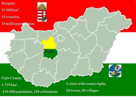 Hungary: 93.000 km 2, 19 counties, 10 million population Fejér County: 4.359 km 2, 430.000 population, 108 settlements Fejér 2 cities with county rigths,