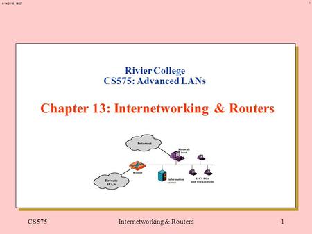 1 6/14/2015 06:27 CS575Internetworking & Routers1 Rivier College CS575: Advanced LANs Chapter 13: Internetworking & Routers.