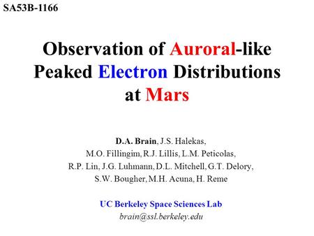 Observation of Auroral-like Peaked Electron Distributions at Mars D.A. Brain, J.S. Halekas, M.O. Fillingim, R.J. Lillis, L.M. Peticolas, R.P. Lin, J.G.
