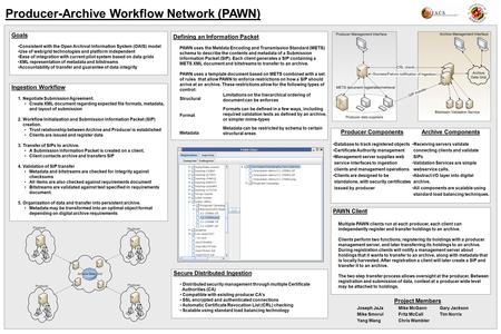 Producer-Archive Workflow Network (PAWN) Goals Consistent with the Open Archival Information System (OAIS) model Use of web/grid technologies and platform.