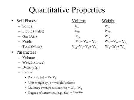Quantitative Properties Soil PhasesVolumeWeight –Solids V S W S –Liquid (water) V W W W –Gas (Air) V A W A –Voids V V = V W + V A W V = V W + V A –Total.