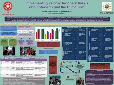Implementing Reform: Teachers’ Beliefs about Students and the Curriculum Tara Bartiromo and Eugenia Etkina  GSE Rutgers University.