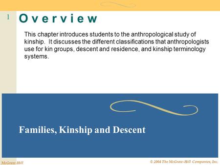 1 McGraw-Hill © 2004 The McGraw-Hill Companies, Inc. O v e r v i e w Families, Kinship and Descent This chapter introduces students to the anthropological.