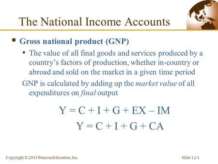 Slide 12-1Copyright © 2003 Pearson Education, Inc. The National Income Accounts  Gross national product (GNP) The value of all final goods and services.