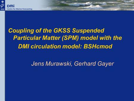 Coupling of the GKSS Suspended Particular Matter (SPM) model with the DMI circulation model: BSHcmod Jens Murawski, Gerhard Gayer.