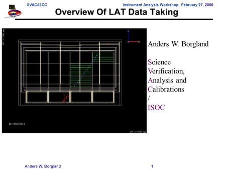 SVAC/ISOCInstrument Analysis Workshop, February 27, 2006 Anders W. Borgland 1 Overview Of LAT Data Taking Anders W. Borgland Science Verification, Analysis.