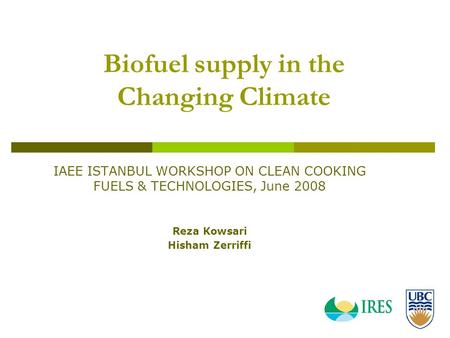 Biofuel supply in the Changing Climate IAEE ISTANBUL WORKSHOP ON CLEAN COOKING FUELS & TECHNOLOGIES, June 2008 Reza Kowsari Hisham Zerriffi.