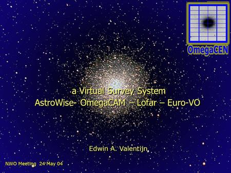 NWO Meeting 24 May 04 a Virtual Survey System AstroWise- OmegaCAM – Lofar – Euro-VO a Virtual Survey System AstroWise- OmegaCAM – Lofar – Euro-VO Edwin.