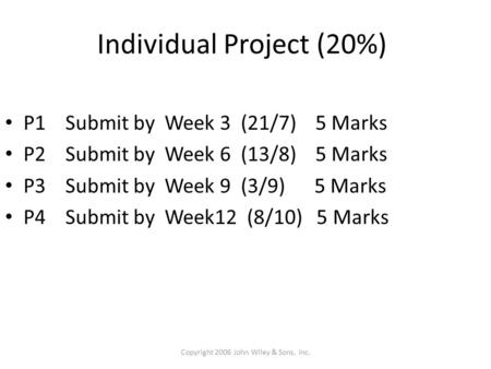 Individual Project (20%) P1 Submit by Week 3 (21/7) 5 Marks P2 Submit by Week 6 (13/8) 5 Marks P3 Submit by Week 9 (3/9) 5 Marks P4 Submit by Week12 (8/10)