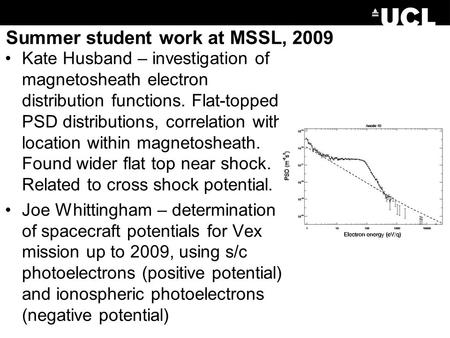 Summer student work at MSSL, 2009 Kate Husband – investigation of magnetosheath electron distribution functions. Flat-topped PSD distributions, correlation.