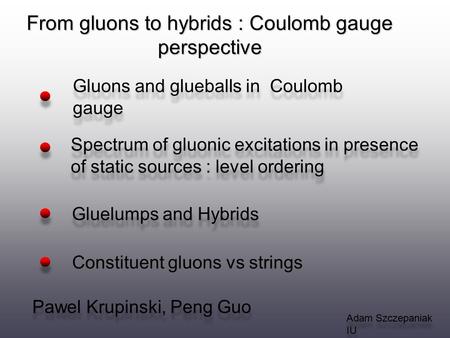 From gluons to hybrids : Coulomb gauge perspective Adam Szczepaniak IU Gluons and glueballs in Coulomb gauge Gluelumps and Hybrids Spectrum of gluonic.