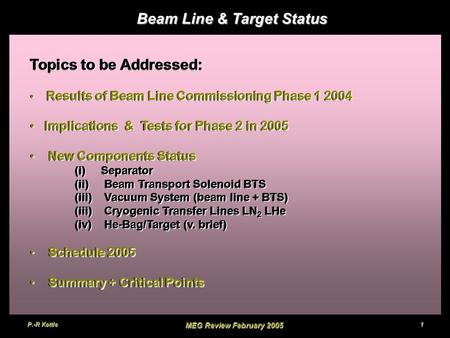 P.-R Kettle MEG Review February 2005 1 Beam Line & Target Status Topics to be Addressed: Results of Beam Line Commissioning Phase 1 2004 Results of Beam.