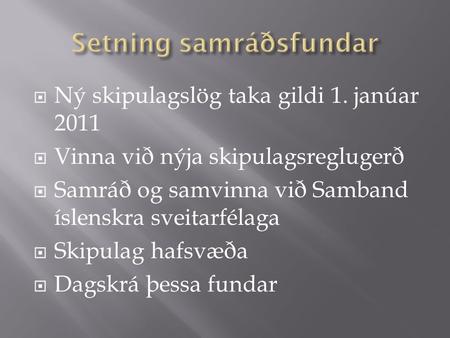  Ný skipulagslög taka gildi 1. janúar 2011  Vinna við nýja skipulagsreglugerð  Samráð og samvinna við Samband íslenskra sveitarfélaga  Skipulag hafsvæða.