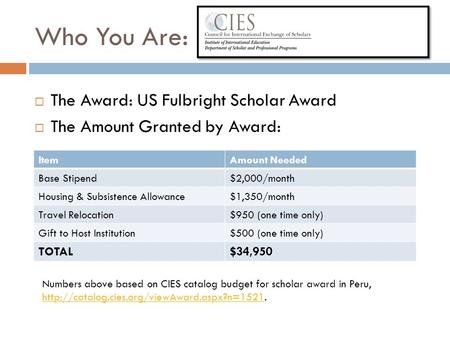 Who You Are:  The Award: US Fulbright Scholar Award  The Amount Granted by Award: ItemAmount Needed Base Stipend$2,000/month Housing & Subsistence Allowance$1,350/month.