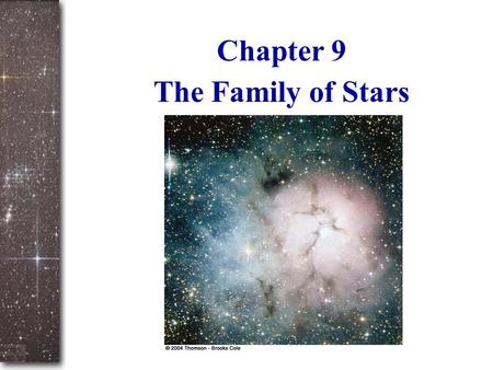 Slide 1 The Family of Stars Chapter 9. Slide 2 Part 1: measuring and classifying the stars What we can measure directly: – Surface temperature and color.