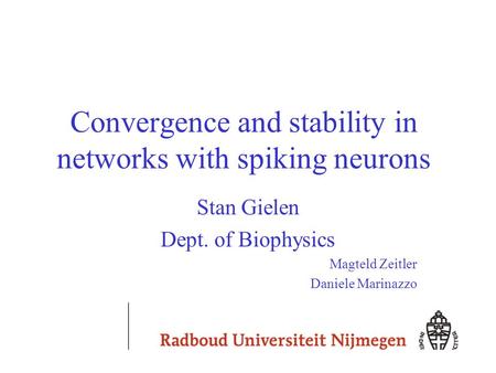 Convergence and stability in networks with spiking neurons Stan Gielen Dept. of Biophysics Magteld Zeitler Daniele Marinazzo.