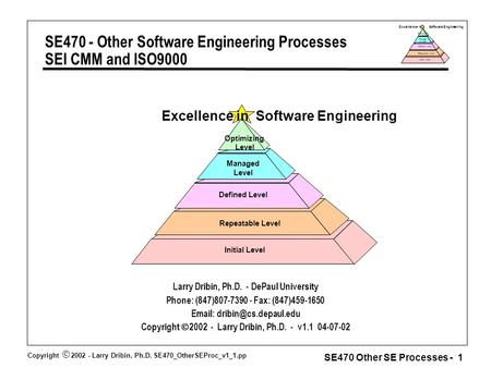 Copyright  2002 - Larry Dribin, Ph.D. SE470_OtherSEProc_v1_1.pp SE470 Other SE Processes - 1 Excellence in Software Engineering Repeatable Level Defined.