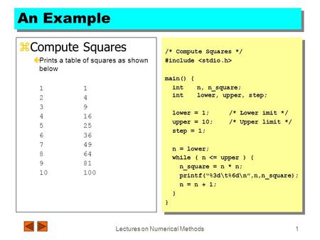 Lectures on Numerical Methods1 An Example zCompute Squares çPrints a table of squares as shown below1 24 39 416 525 636 749 864 981 10100 /* Compute Squares.
