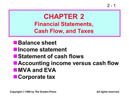 2 - 1 Copyright © 1999 by The Dryden PressAll rights reserved. Balance sheet Income statement Statement of cash flows Accounting income versus cash flow.