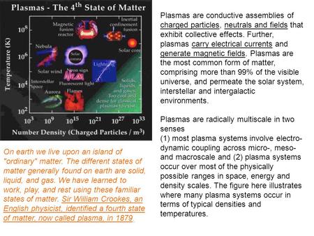Plasmas are conductive assemblies of charged particles, neutrals and fields that exhibit collective effects. Further, plasmas carry electrical currents.
