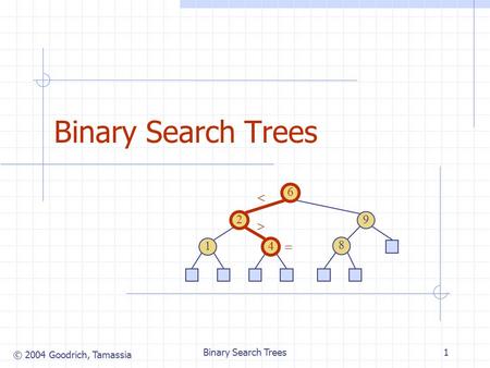 © 2004 Goodrich, Tamassia Binary Search Trees1 6 9 2 4 1 8   