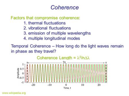 Coherence Factors that compromise coherence: 1. thermal fluctuations 2. vibrational fluctuations 3. emission of multiple wavelengths 4. multiple longitudinal.