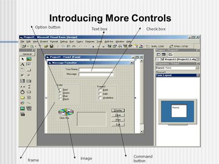 Introducing More Controls Text boxCheck box Option button Command button frame image.
