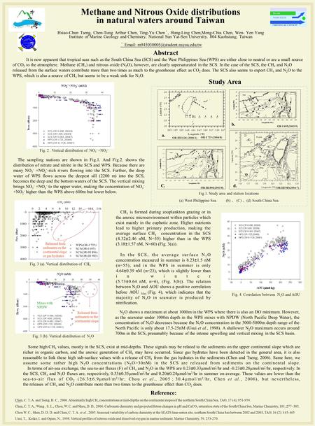 Methane and Nitrous Oxide distributions in natural waters around Taiwan Hsiao-Chun Tseng, Chen-Tung Arthur Chen, Ting-Yu Chen ＊, Hung-Ling Chen,Meng-Chia.