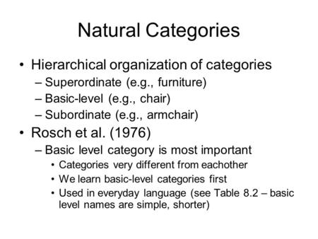 Natural Categories Hierarchical organization of categories –Superordinate (e.g., furniture) –Basic-level (e.g., chair) –Subordinate (e.g., armchair) Rosch.