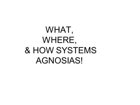 WHAT, WHERE, & HOW SYSTEMS AGNOSIAS!. What, Where, & How Systems.