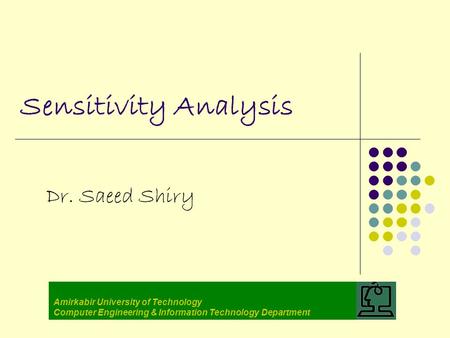 Sensitivity Analysis Dr. Saeed Shiry Amirkabir University of Technology Computer Engineering & Information Technology Department.