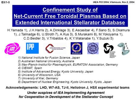 Confinement Study of Net-Current Free Toroidal Plasmas Based on Extended International Stellarator Database H.Yamada 1), J.H.Harris 2), A.Dinklage 3),