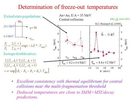 Determination of freeze-out temperatures Excellent consistency with thermal equilibrium for central collisions near the multi-fragmentation threshold Deduced.