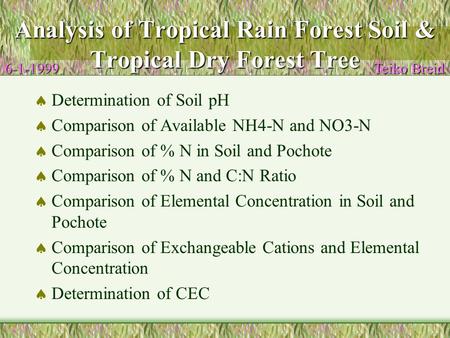 Analysis of Tropical Rain Forest Soil & Tropical Dry Forest Tree  Determination of Soil pH  Comparison of Available NH4-N and NO3-N  Comparison of %